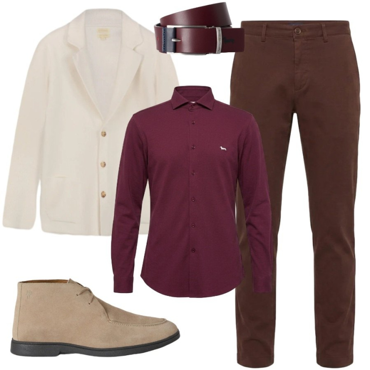 Outfit uomo - Cardigan e camicia. Stile Casual per Ufficio. Abbinamento con cinture, pantaloni, stivali e stivaletti, camicie, cardigans.