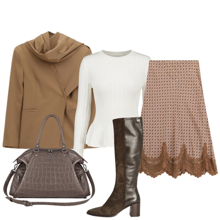 Outfit donna - In città. Stile Chic per Tutti i giorni. Abbinamento con stivali, shopping bag, maglieria, gonne longuette, blazer.