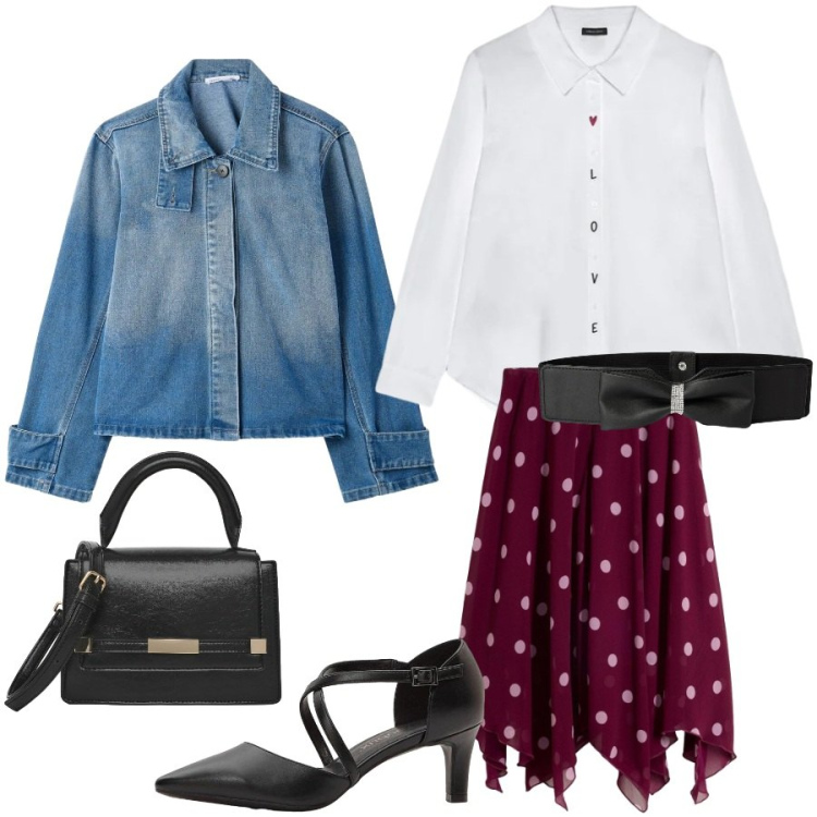 Outfit donna - Total look #2480212. Stile Romantica per Serata fuori. Abbinamento con décolleté, gonne longuette, cinture, cappotti, borse a tracolla, camicie.