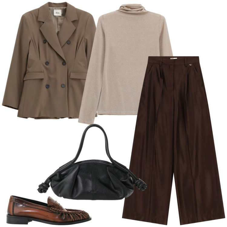 Outfit donna - Dixie - FW26. Stile Mannish per Ufficio. Abbinamento con mocassini, pantaloni a palazzo, blazer, borse a mano, t-shirt.