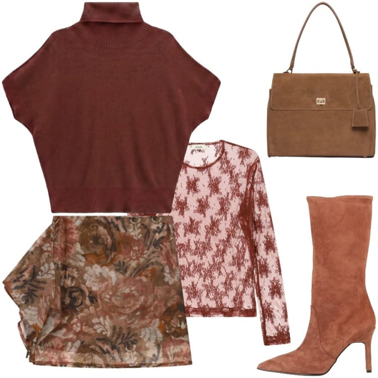 Outfit donna - Colori caramello per la sera. Stile Boho per Serata fuori. Abbinamento con stivali, pullovers, minigonne, top, borse a mano.