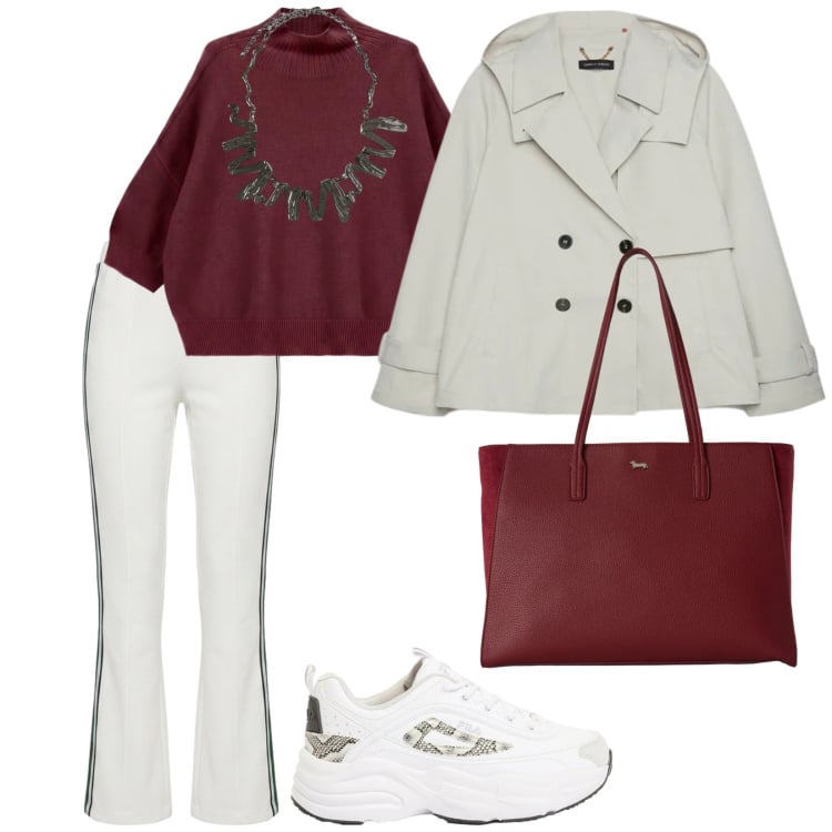Outfit donna - Sportiva e non. per Tutti i giorni. Abbinamento con sneakers, maglieria, pantaloni, shopping bag, trench, ciondoli.