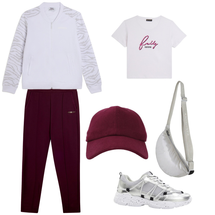Outfit donna - Comoda e sportiva. Stile Casual per Tutti i giorni. Abbinamento con sneakers, cappelli con visiera, pantaloni, bomber, t-shirt, borse a tracolla.