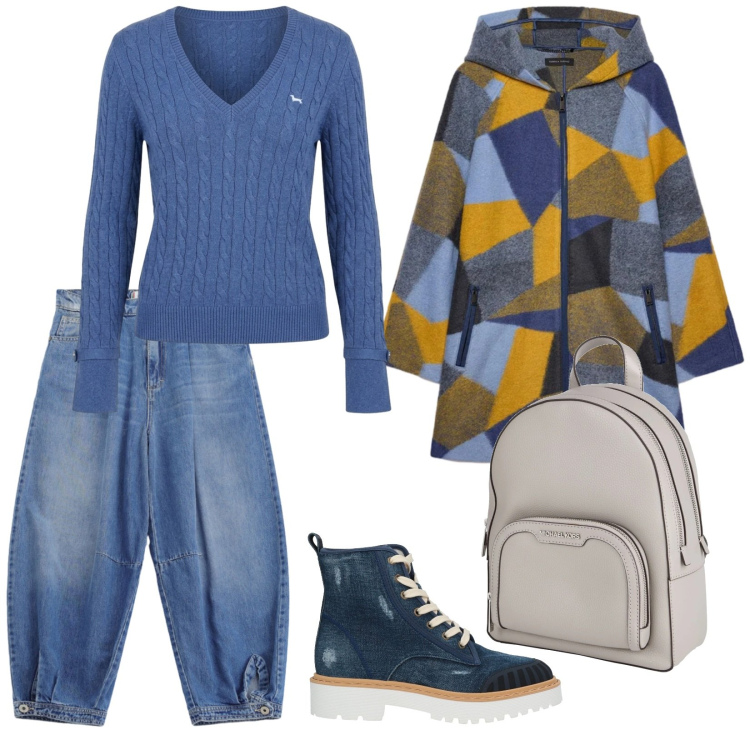 Outfit donna - Autunno inoltrato. per Tutti i giorni. Abbinamento con maglieria, cappotti, jeans, stivaletti, zaini.