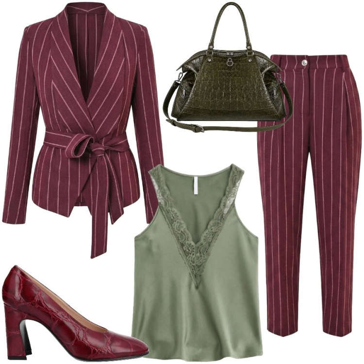 Outfit donna - Il completo versatile. Stile Chic per Tutti i giorni. Abbinamento con canottiere, shopping bag, blazer, pantaloni, décolleté.