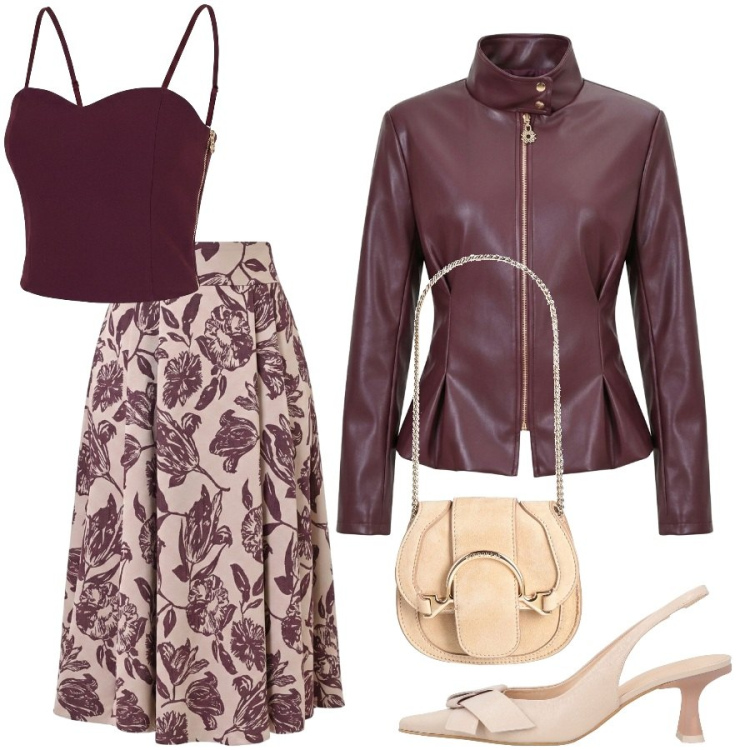 Outfit donna - Settembre color vino. Stile Chic per Serata fuori. Abbinamento con marsupi, décolleté, giacche, gonne longuette, top.