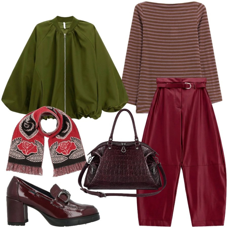 Outfit donna - Verde oliva e bordeaux. Stile Urban per Tutti i giorni. Abbinamento con pantaloni, bomber, shopping bag, t-shirt, sciarpe, mocassini.