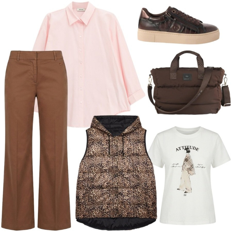 Outfit donna - Autunno a strati. Stile Urban per Tutti i giorni. Abbinamento con pantaloni, piumini, t-shirt, camicie, borse tote, sneakers.