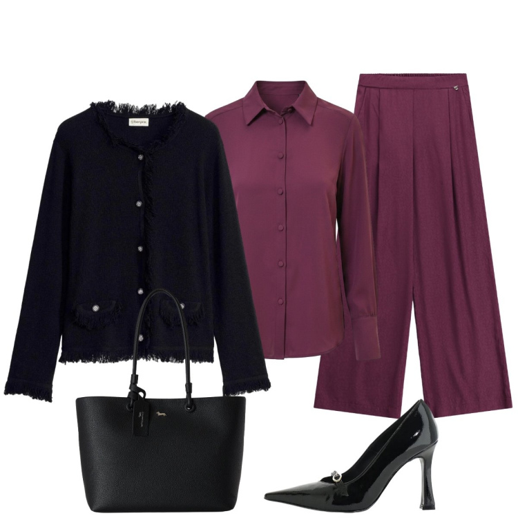 Outfit donna - In città. Stile Chic per Tutti i giorni. Abbinamento con shopping bag, décolleté, camicie, pantaloni a palazzo, cardigans.