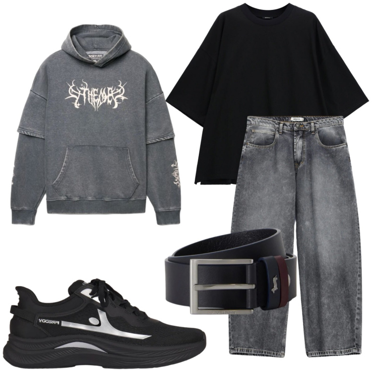 Outfit uomo - Relaxed. Stile Casual per Tutti i giorni. Abbinamento con cinture, jeans, t-shirt, sneakers, felpe con cappuccio.