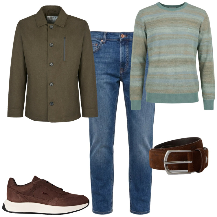 Outfit uomo - Fall. Stile Casual per Tutti i giorni. Abbinamento con cinture, sneakers, jeans, pullovers, cappotti.