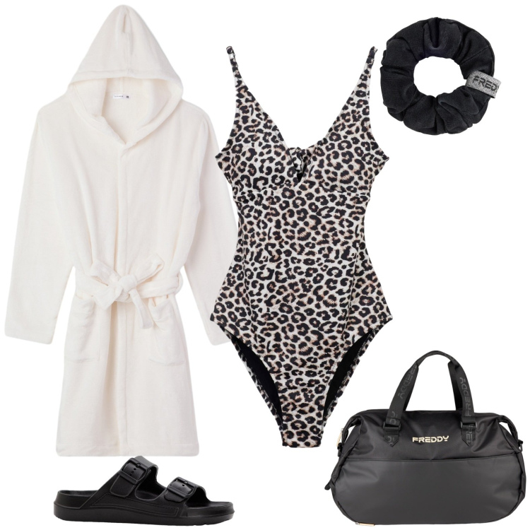 Outfit donna - Day spa alle terme. Stile Sporty chic per Sport. Abbinamento con borse sportive, accessori per capelli, vestaglie, costumi interi, ciabatte.