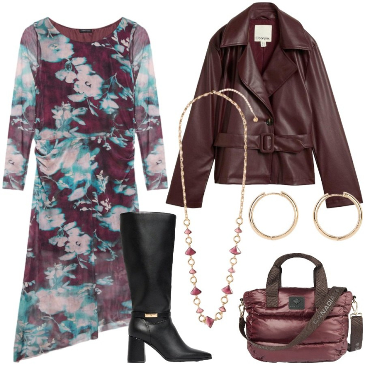 Outfit donna - Total look #2480250. Stile Romantica per Serata fuori. Abbinamento con collane, vestiti lunghi, borse a tracolla, trench, orecchini, stivali.