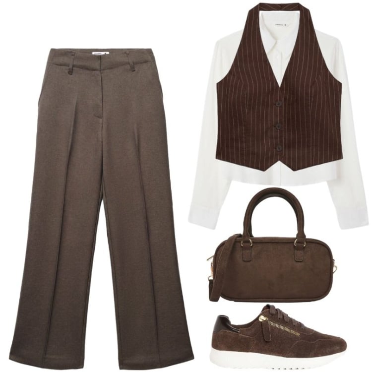 Outfit donna - Giornata in città. Stile Sporty chic per Serata fuori. Abbinamento con camicie, gilet, pantaloni, borse a tracolla, sneakers.