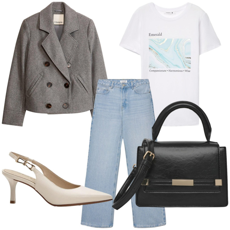 Outfit donna - Una giacca in città. Stile Casual per Ufficio. Abbinamento con décolleté, blazer, jeans, t-shirt, borse a tracolla.