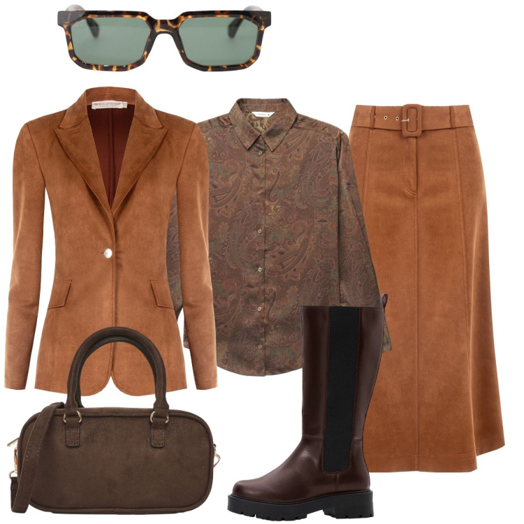 Outfit donna - Il tailleur in velluto. Stile Trendy per Tutti i giorni. Abbinamento con stivali, borse a tracolla, camicie, gonne longuette, blazer, occhiali da sole.