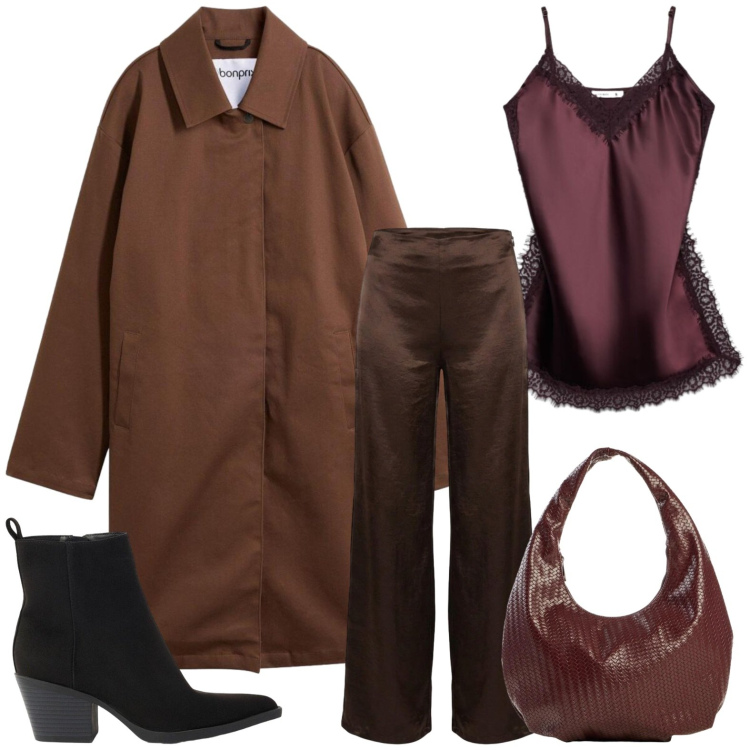 Outfit donna - Trench leggero e toni caldi. Stile Casual per Ufficio. Abbinamento con pantaloni a palazzo, top, stivaletti texani, borse a spalla, trench.