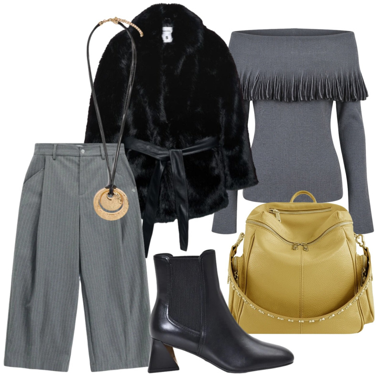 Outfit donna - Trench da sera. Stile Casual per Serata fuori. Abbinamento con ciondoli, zaini, pantaloni a palazzo, stivaletti, maglieria, trench.