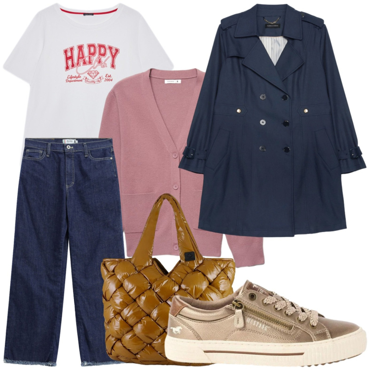 Outfit donna - Outfit curato. Stile Trendy per Tutti i giorni. Abbinamento con t-shirt, trench, jeans dritti, borse tote, cardigans, sneakers.