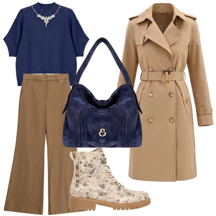 Outfit donna - Strass decorativi. Stile Urban per Ufficio. Abbinamento con anfibi, trench, maglieria, pantaloni, borse a spalla.