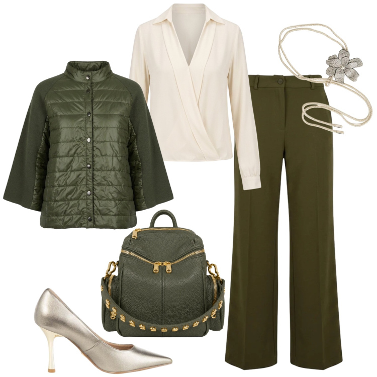 Outfit donna - Aperitivo con palazzo e blusa. Stile Casual chic per Tutti i giorni. Abbinamento con zaini, décolleté, bluse, blazer, pantaloni a palazzo, cinture.