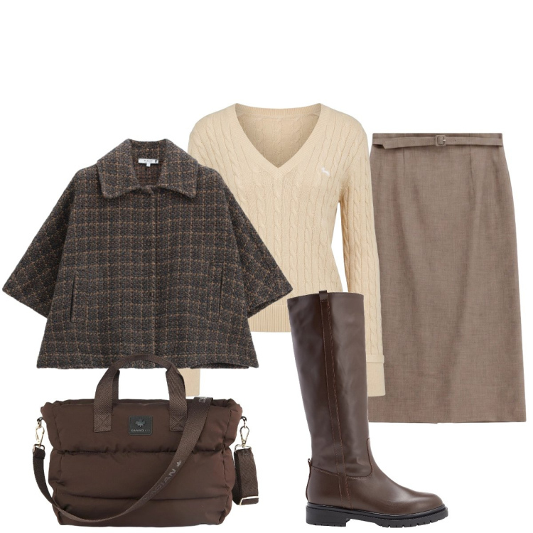 Outfit donna - Confort zone in marrone. Stile Chic per Tutti i giorni. Abbinamento con pullovers, gonne longuette, cappotti, borse tote, stivali.