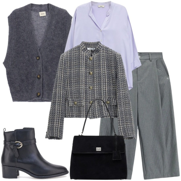 Outfit donna - Total look #2480272. Stile Casual chic per Tutti i giorni. Abbinamento con camicie, gilet, cappotti, pantaloni a palazzo, borse a mano, stivaletti.