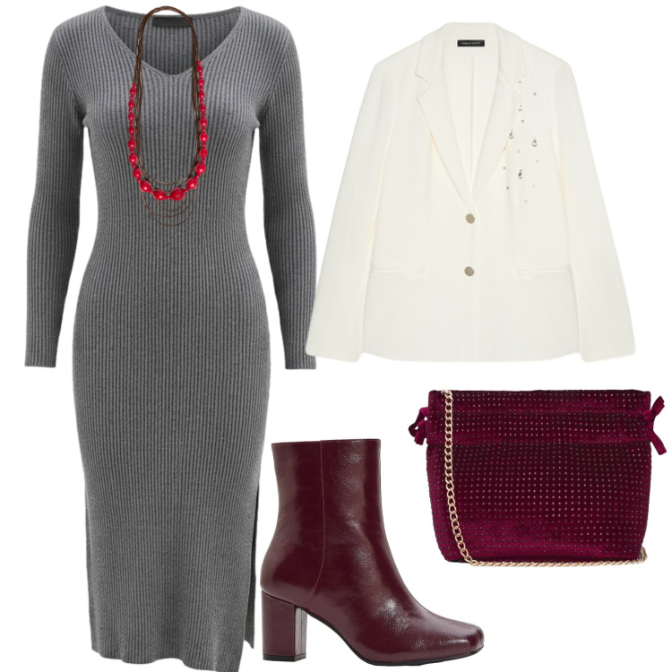 Outfit donna - Grigio e bianco. per Ufficio. Abbinamento con collane, blazer, vestiti midi/longuette, borse a tracolla, stivaletti.