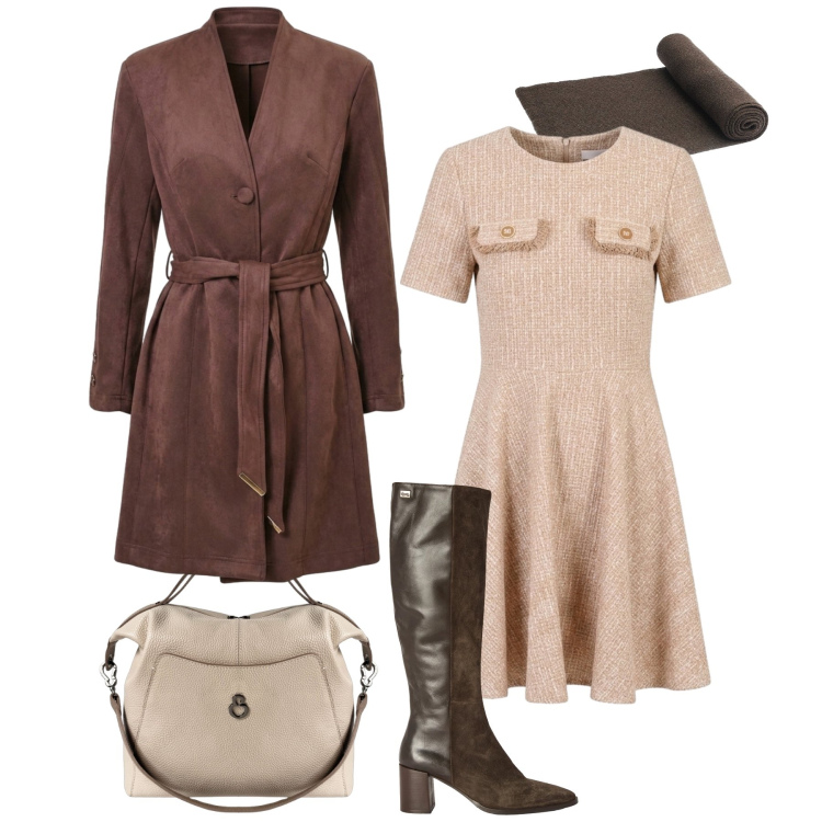 Outfit donna - Il trench scamosciato. Stile Casual chic per Tutti i giorni. Abbinamento con stivali, borse a mano, vestiti corti, trench, sciarpe.