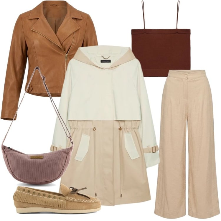 Outfit donna - Total look #2480278. Stile Casual chic per Tutti i giorni. Abbinamento con trench, giacche, pantaloni a palazzo, top, borse a tracolla, mocassini.