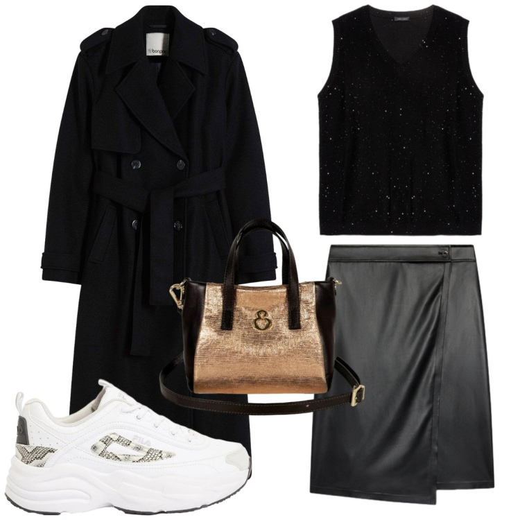 Outfit donna - Tocco dorato. Abbinamento con gonne longuette, top, borse a mano, sneakers, trench.