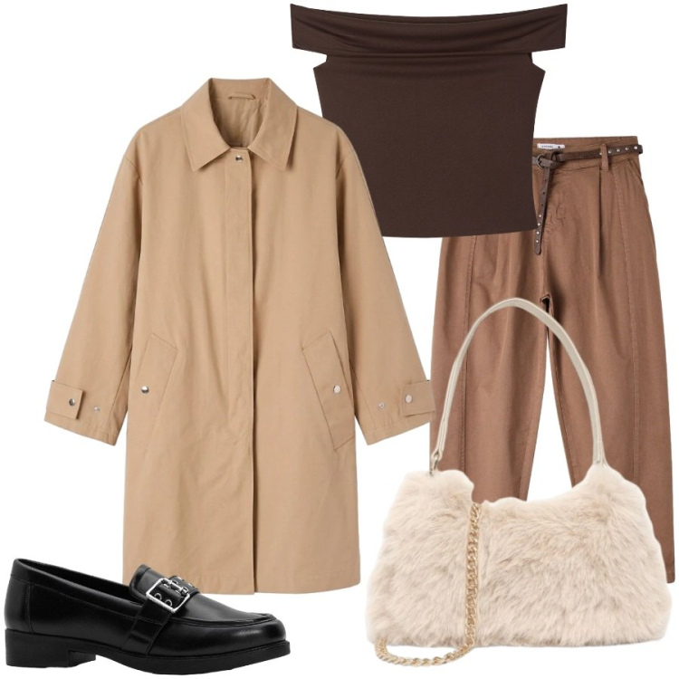 Outfit donna - Total look #2480282. Stile Casual chic per Tutti i giorni. Abbinamento con mocassini, pantaloni, top, trench, borse a spalla.