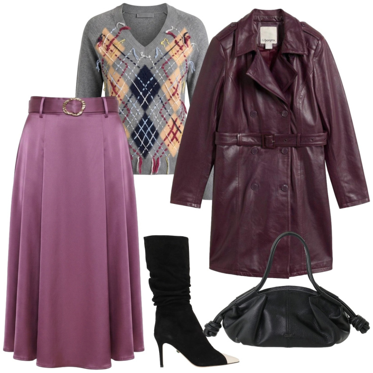Outfit donna - Tempo freddo. per Tutti i giorni. Abbinamento con maglieria, borse a mano, gonne longuette, stivali, trench.
