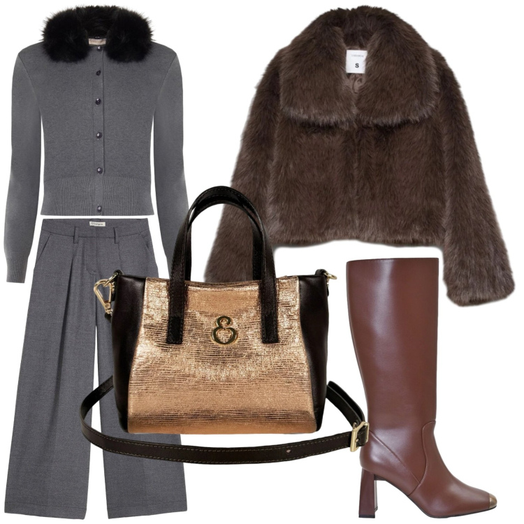 Outfit donna - Cardigan con effetto pelliccia. Stile Casual per Tutti i giorni. Abbinamento con borse a mano, stivali sopra il ginocchio, cardigans, blazer, pantaloni.