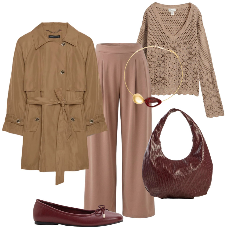 Outfit donna - Trench in raso al lavoro. Stile Glamour per Ufficio. Abbinamento con trench, collane, pantaloni, maglieria, ballerine, borse a spalla.