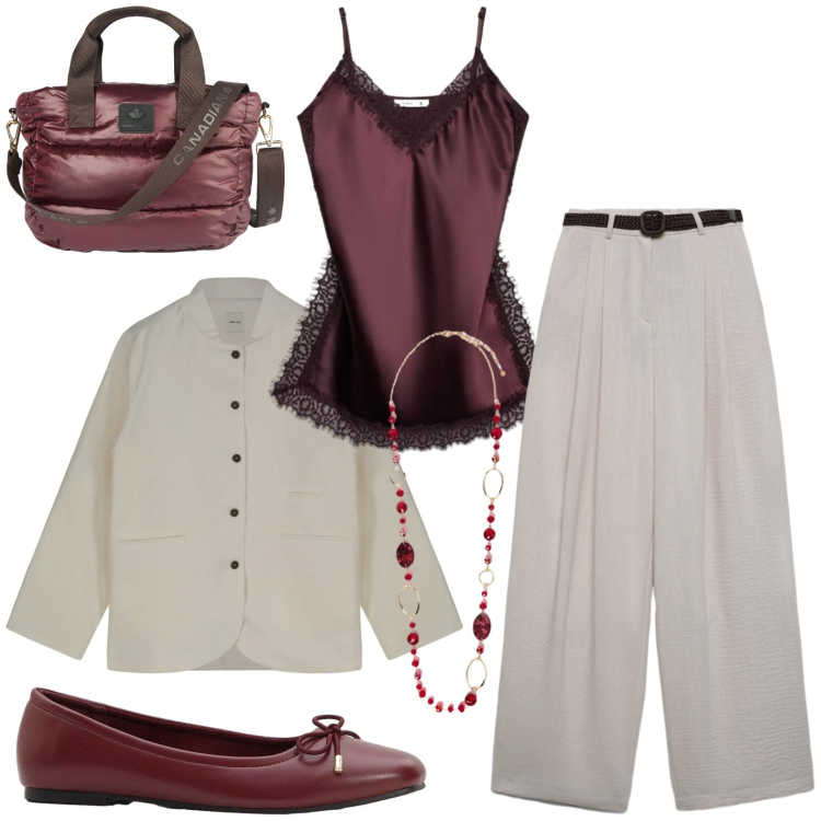 Outfit donna - Completo. Stile Casual chic per Tutti i giorni. Abbinamento con collane, giacche, borse a tracolla, top, pantaloni, ballerine.