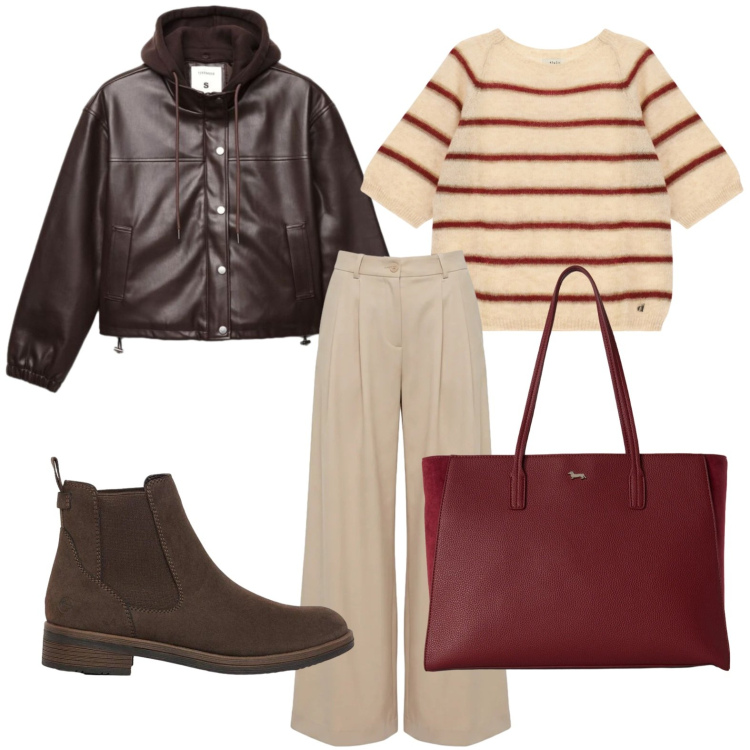 Outfit donna - Bomber cacao. Stile Trendy per Tutti i giorni. Abbinamento con shopping bag, pantaloni, maglieria, bomber, stivaletti.