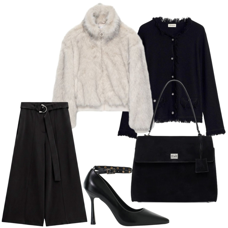 Outfit donna - Pelliccia bomber. Stile Urban per Tutti i giorni. Abbinamento con décolleté, pantaloni a palazzo, borse a mano, bomber, cardigans.