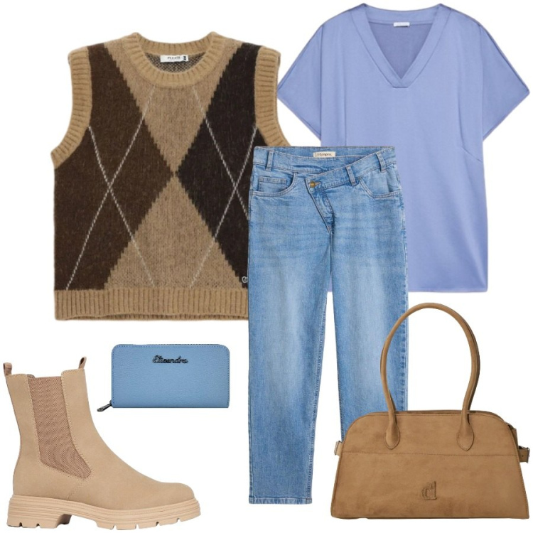 Outfit donna - Total look #2480314. Stile Casual chic per Tutti i giorni. Abbinamento con jeans mom, stivaletti, maglieria, borse a spalla, t-shirt, portafogli.