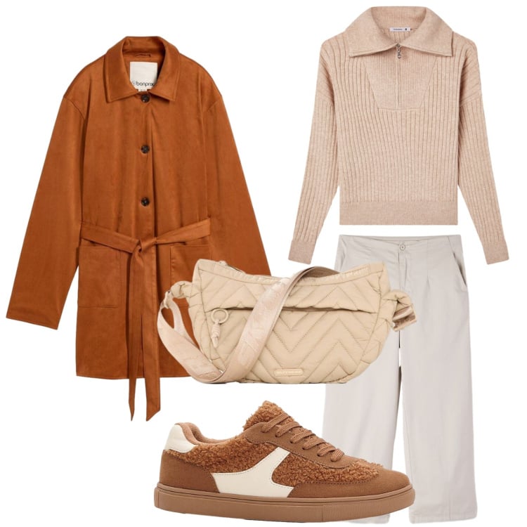 Outfit donna - Toni neutri. Stile Glamour per Tutti i giorni. Abbinamento con sneakers, trench, marsupi, maglieria, pantaloni a palazzo.