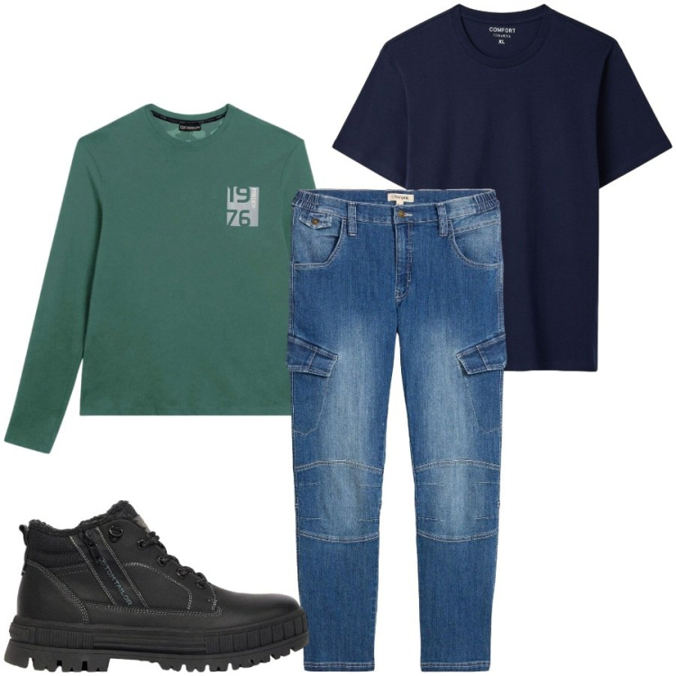 Outfit uomo - Total look #2480317. Stile Urban per Tutti i giorni. Abbinamento con t-shirt, t-shirt, stivali e stivaletti, jeans dritti.