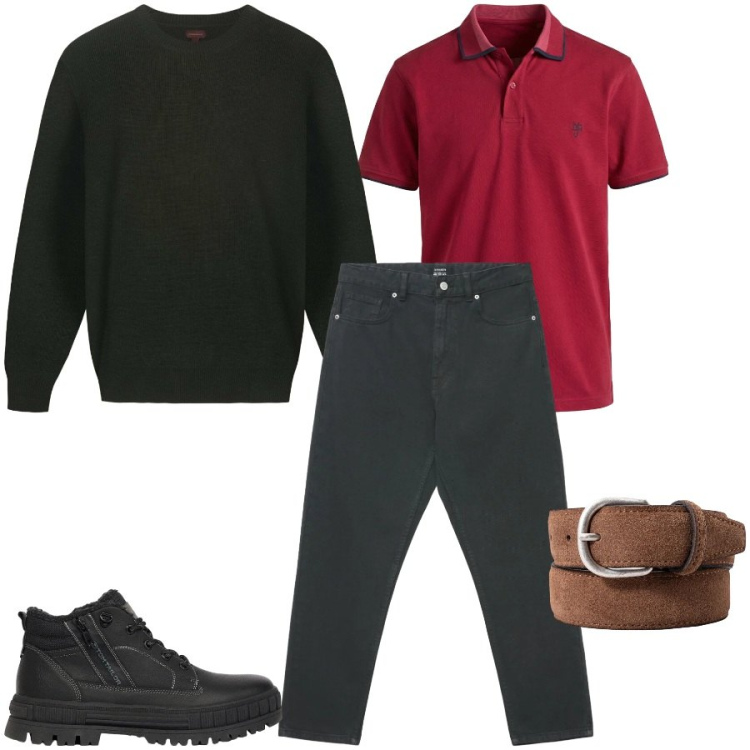 Outfit uomo - Total look #2480318. Stile Urban per Tutti i giorni. Abbinamento con polo, maglieria, cinture, jeans, stivali e stivaletti.