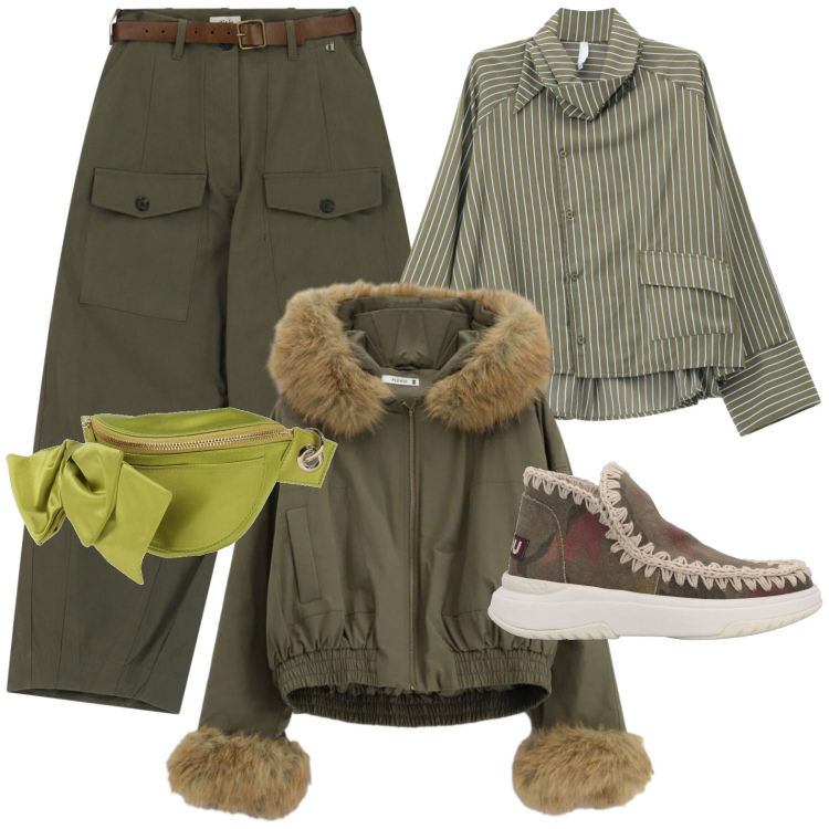 Outfit donna - Primi freddi. Stile Casual per Tutti i giorni. Abbinamento con camicie, parka, pantaloni a palazzo, marsupi, stivaletti.