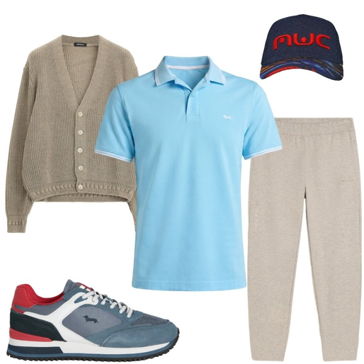 Outfit uomo - Total look #2480322. Stile Casual per Tutti i giorni. Abbinamento con sneakers, polo, cardigans, pantaloni, cappelli con visiera.