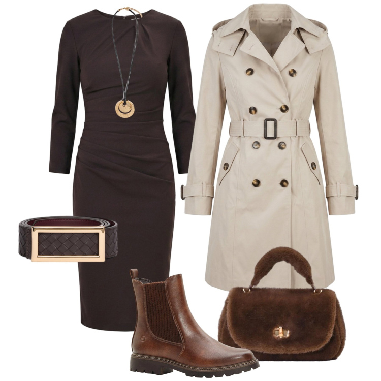 Outfit donna - Mix & match con il trench. Stile Casual chic per Tutti i giorni. Abbinamento con cinture, ciondoli, borse a mano, vestiti midi/longuette, trench, stivaletti.