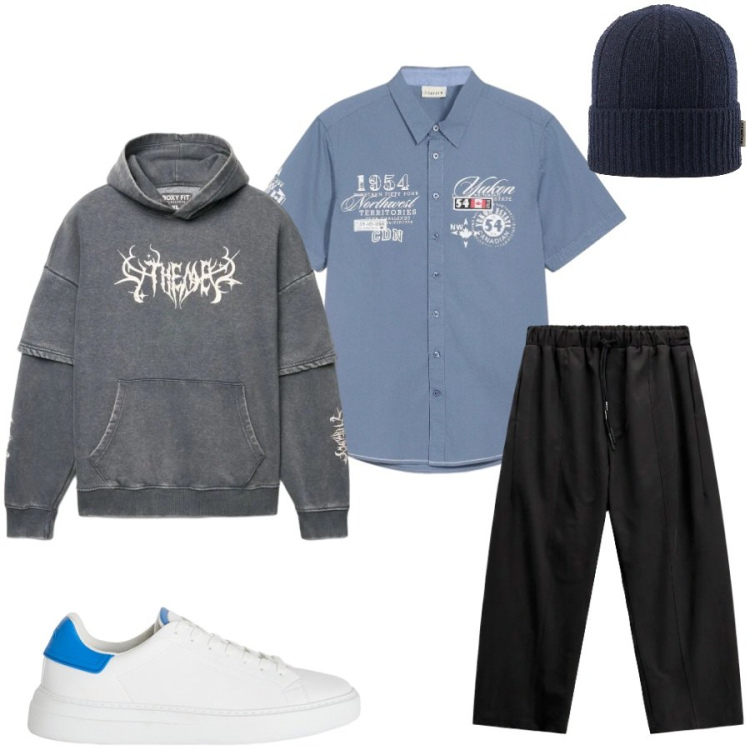 Outfit uomo - Total look #2480324. Stile Casual per Tutti i giorni. Abbinamento con sneakers, pantaloni, berretti, felpe con cappuccio, camicie a manica corta.