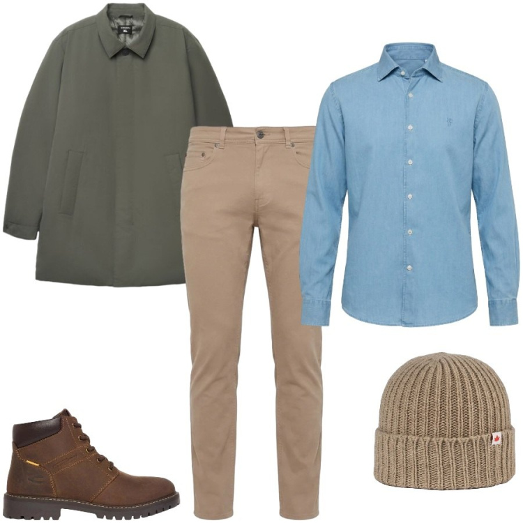 Outfit uomo - Total look #2480327. Stile Urban per Tutti i giorni. Abbinamento con pantaloni, camicie, berretti, trench, stivali e stivaletti.
