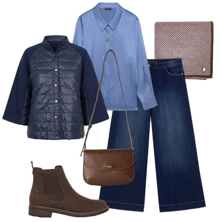 Outfit donna - Jeans palazzo e blusa. Stile Trendy per Tutti i giorni. Abbinamento con borse a tracolla, jeans, bluse, sciarpe, blazer, stivaletti.