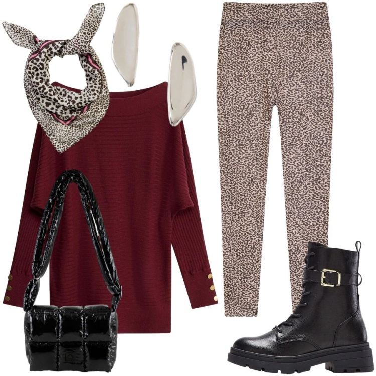 Outfit donna - Dettagli animalier. Stile Casual per Tutti i giorni. Abbinamento con leggings, foulard, anfibi, maglieria, orecchini, borse a spalla.