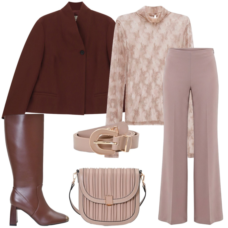 Outfit donna - In città. Stile Casual chic per Tutti i giorni. Abbinamento con t-shirt, borse a tracolla, cinture, stivali sopra il ginocchio, pantaloni a palazzo, blazer.